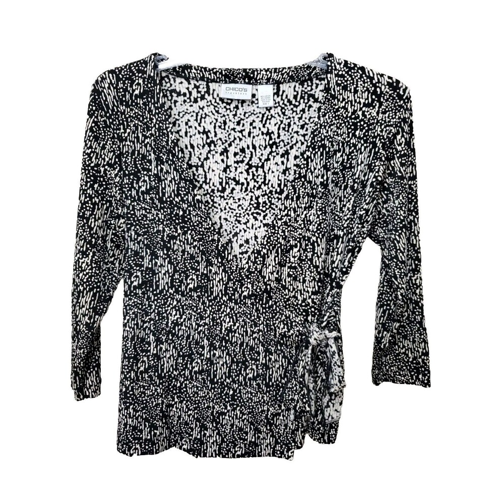 Chico's Travelers Slinky Knit Abstract Print 3/4 Sleeve Wrap Top Size 1 Medium